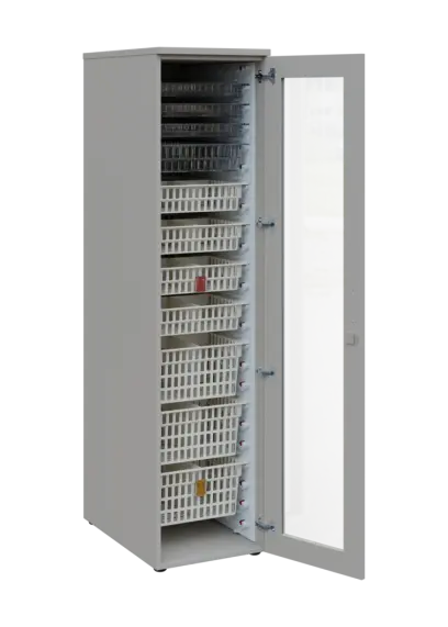 EUROMEDICA S - 46 skříň léková boxová, 1-dveřová/prosklená, pravá, 1950x460x735, korpus šedý, dvířka šedá